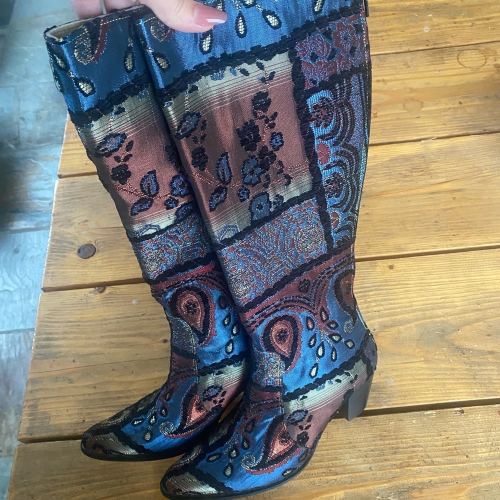 Scarlett Over the Knee Embroidered Boots - Blue and Brown